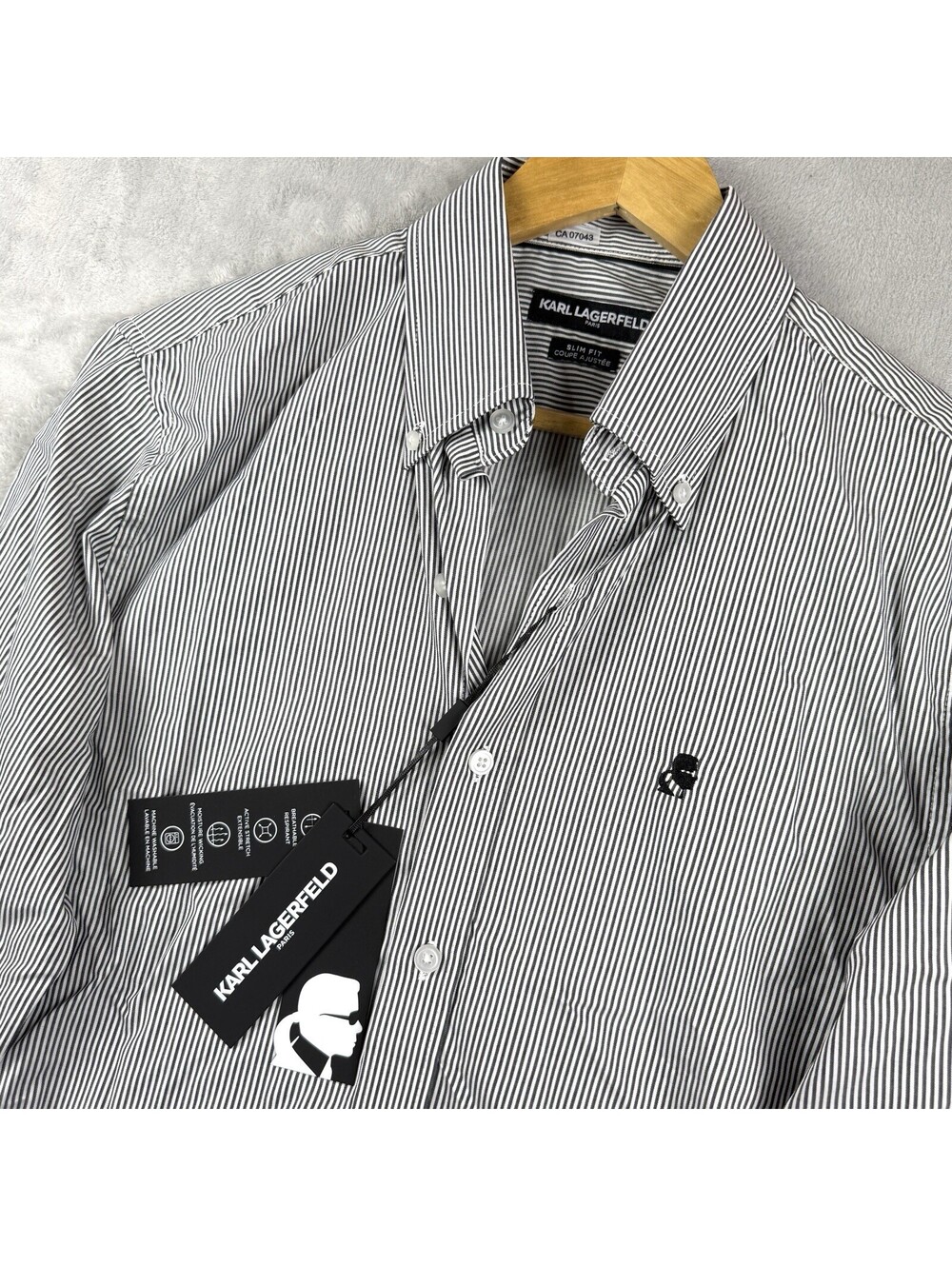Karl Lagerfeld Paris Men Slim Fit Black White Stripe Button Down Dress Shirt NWT